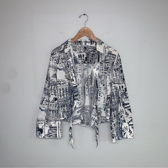 Zara Tied Button-down Shirt Size Small White Black Printed Top Flared Cuffs - Picture 3 of 11